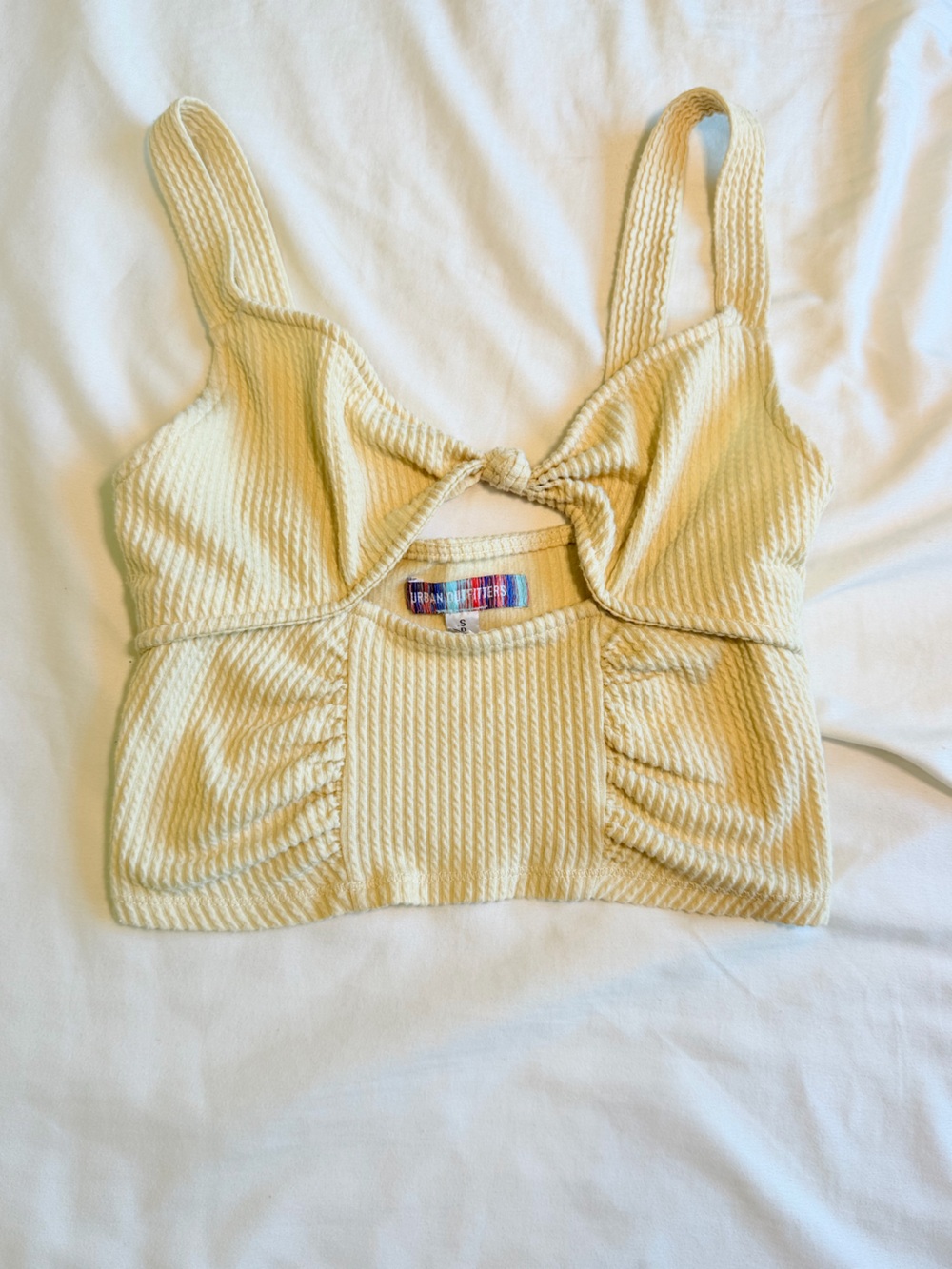 Urban Outfitters Pale Yellow Ribbed Knot-Front Crop Top